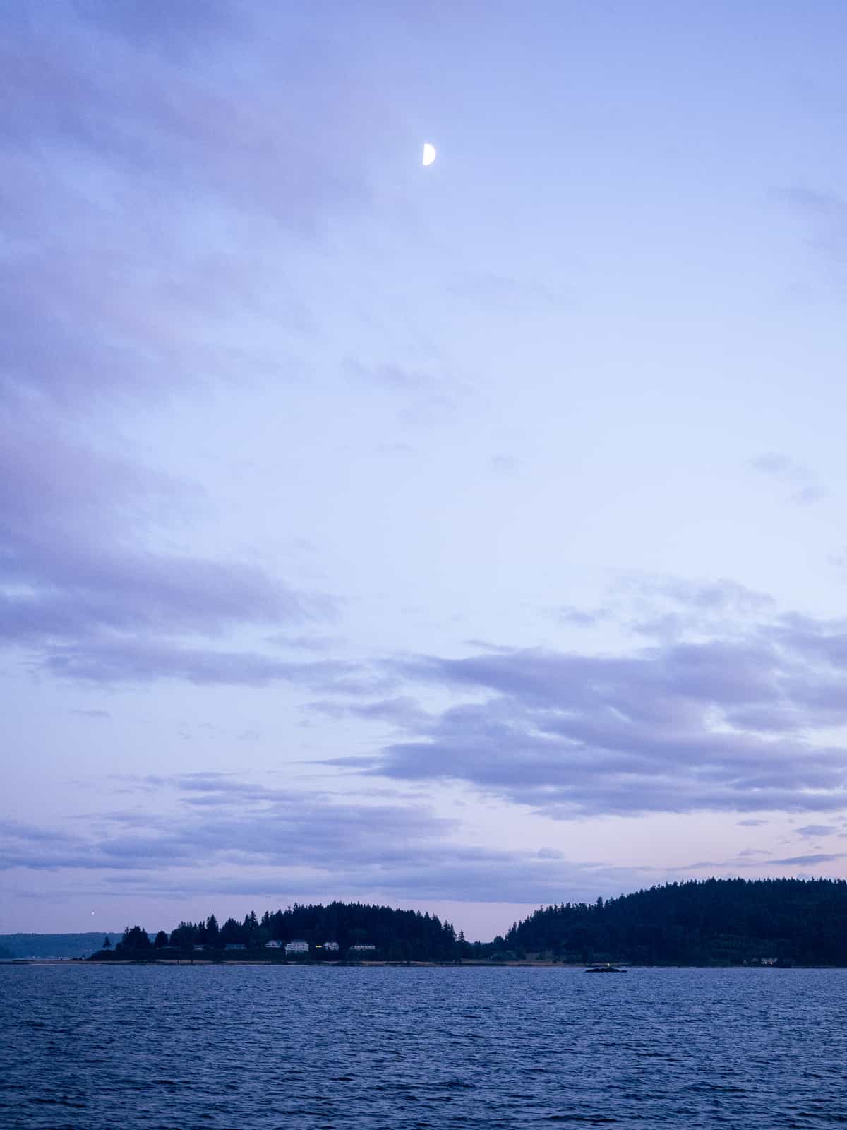 The moon hovers over a dark island surrounded by water