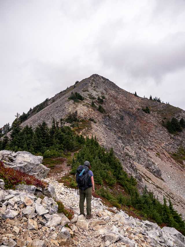 A hiker stands at the base of a rocky mountain looking at the peak