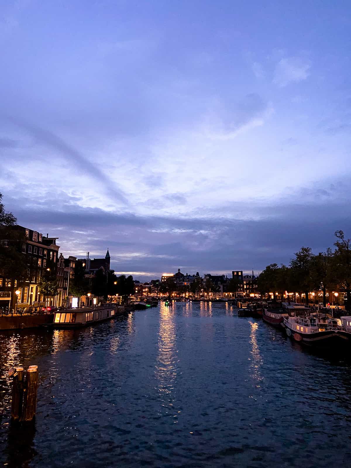 A dusk view of canals in Amsterdam