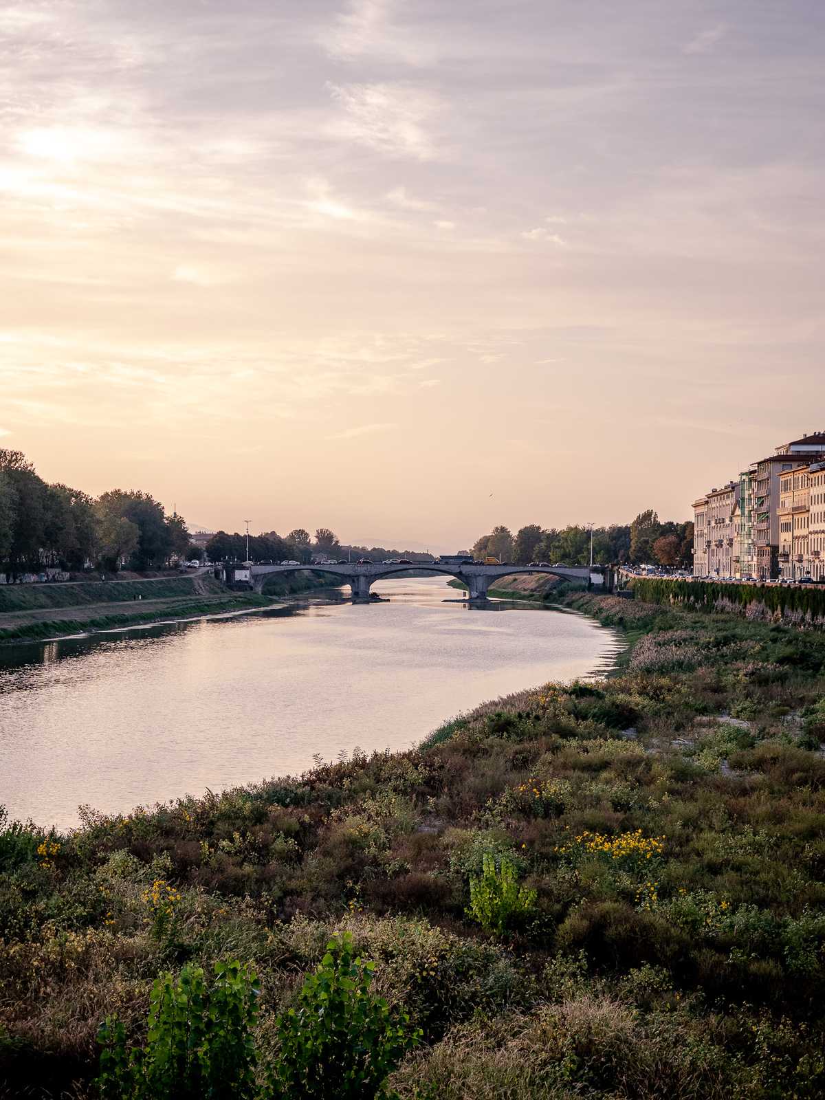 At dusk, a river flows under a bridge, surrounded by brush and apartment buildings on the right side