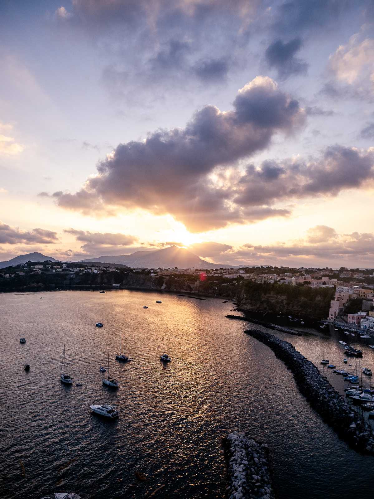 Sunset over the coastal island of Procida, Italy