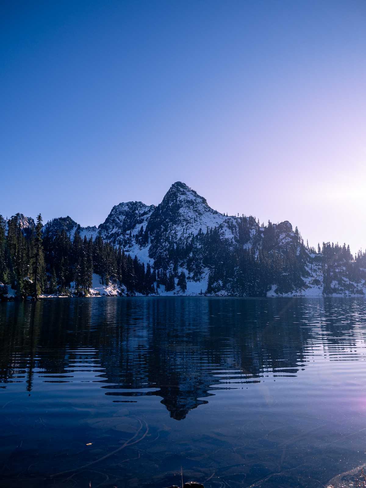 A ragged Ridgeline reflects on ripples across the lake