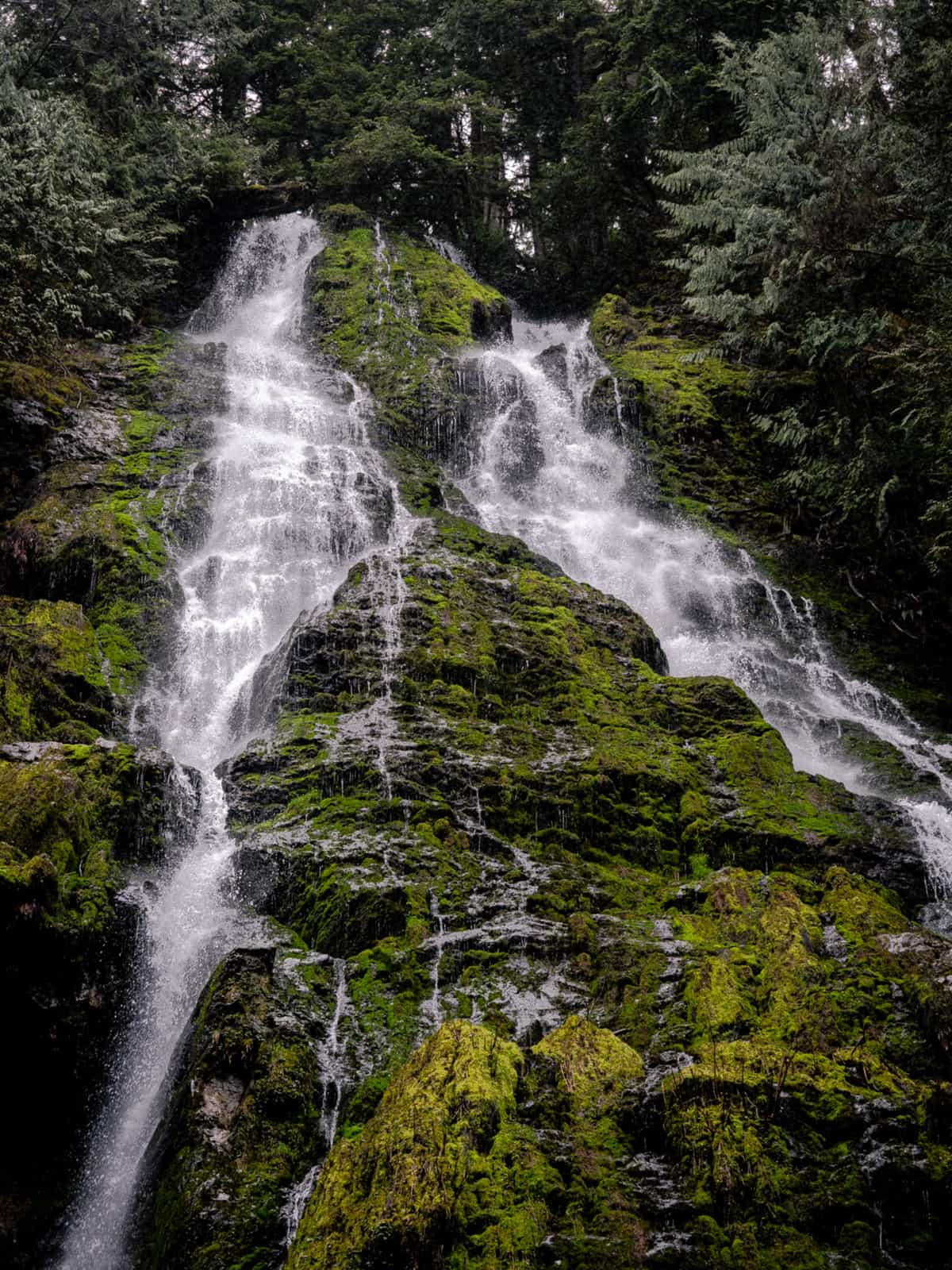 Two waterfalls cascade down a green moss covered Rocky Hillside