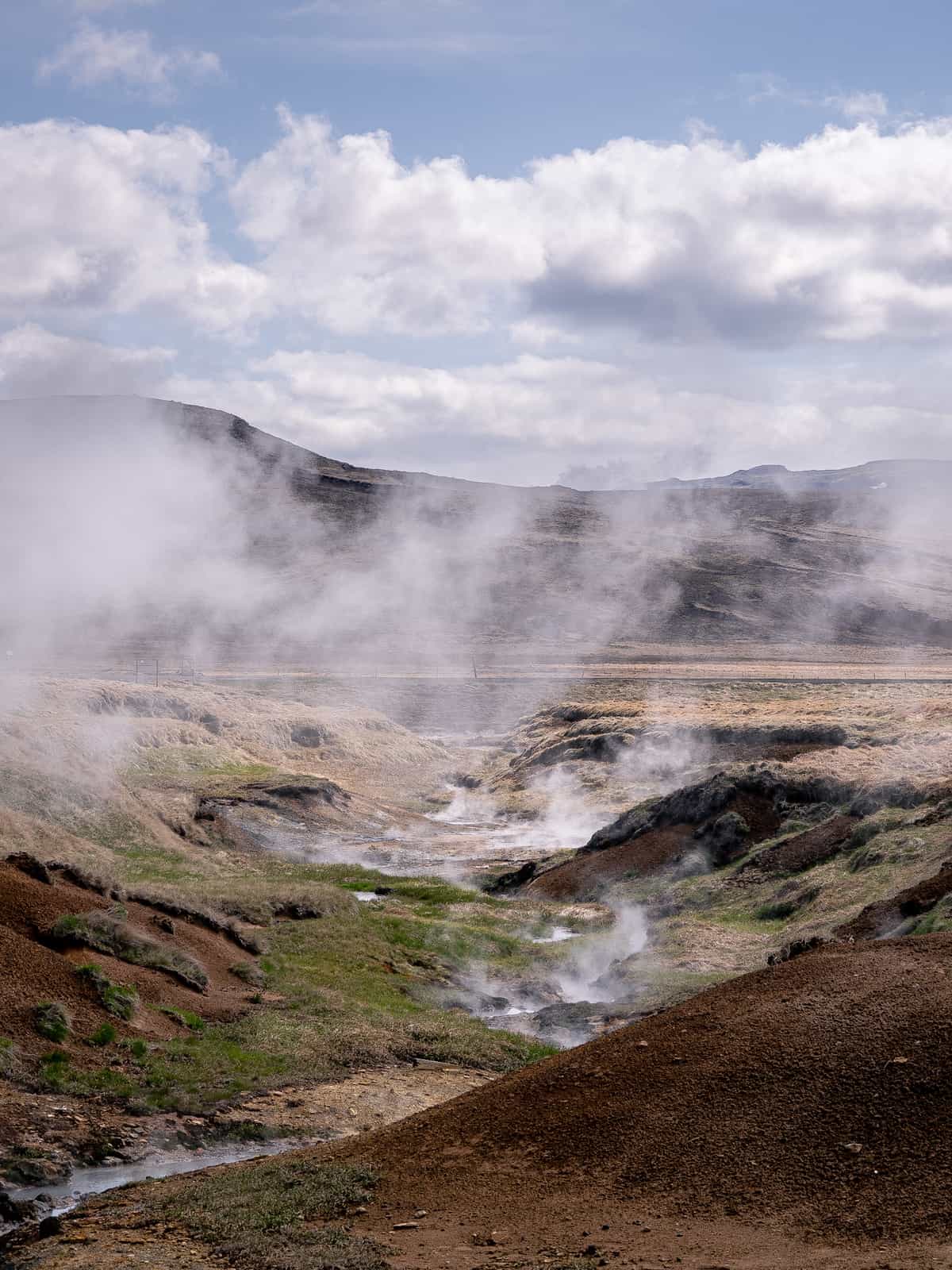 Steam rises from a grassy ravine